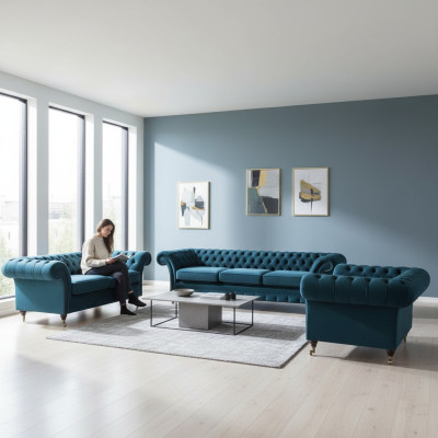 Designer Chesterfield Sofagarnitur Sofas Couch Polster Set Wohnzimmer 3+2+1