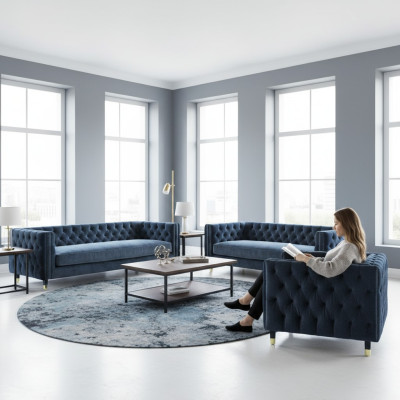 Chestefield Grau Wohnzimmer Komplett 4+2+1 Sofas Set 3tlg Polstermöbel