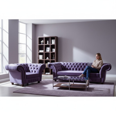 Lila Wohnzimmer Komplett Modern Chesterfield Sofa Dreisitze Couch Sessel Neu