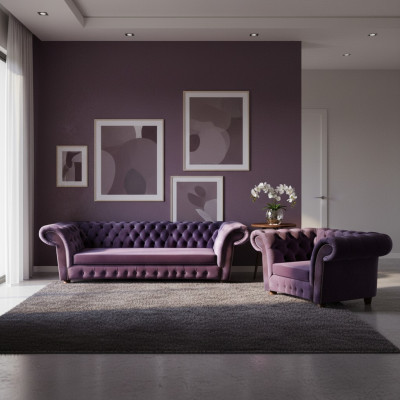 Lila Wohnzimmer Komplett Modern Chesterfield Sofa Dreisitze Couch Sessel Neu