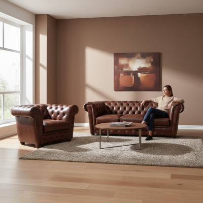 Polstermöbel Leder Sofa Dreisitze Braun Sessel Sitz Wohnzimmer Neu Chesterfield