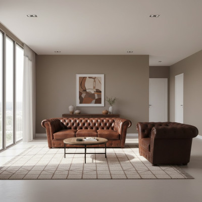 Polstermöbel Leder Sofa Dreisitze Braun Sessel Sitz Wohnzimmer Neu Chesterfield