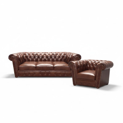 Polstermöbel Leder Sofa Dreisitze Braun Sessel Sitz Wohnzimmer Neu Chesterfield