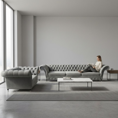Grau Sofa Dreisitze Set Wohnzimmer Sessel Einrichtung Polstermöbel Chesterfield