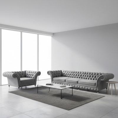 Grau Sofa Dreisitze Set Wohnzimmer Sessel Einrichtung Polstermöbel Chesterfield