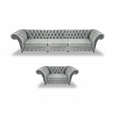 Grau Sofa Dreisitze Set Wohnzimmer Sessel Einrichtung Polstermöbel Chesterfield