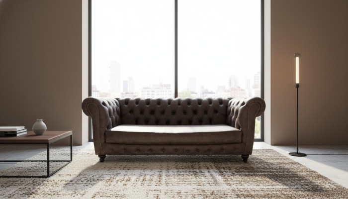 Braun Leder Sofa Dreisitze Couch Einrichtung Wohnzimmer Chesterfield