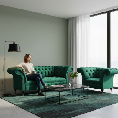 Wohnzimmer Grün Sofa Dreisitze Couch Komplett Sessel Polstersofa Chesterfield