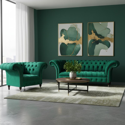 Wohnzimmer Grün Sofa Dreisitze Couch Komplett Sessel Polstersofa Chesterfield