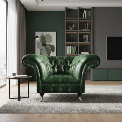 Grün Leder Sessel Wohnzimmer Chesterfield Luxus Polstermöbel Design Möbel