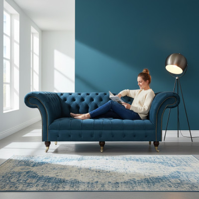 Blau Textil Chesterfield Dreisitze Sofa Couch Sitzmöbel Designer Modern Neu