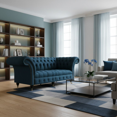 Blau Textil Chesterfield Dreisitze Sofa Couch Sitzmöbel Designer Modern Neu