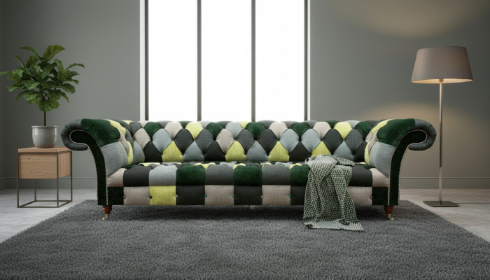 Modern Sofa Viersitzer Mehrfarbig Wohnzimmer Couch Sitzmöbel Textil Chesterfield