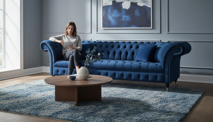 Blaue Chesterfield Polstermöbel Designer Textilcouch Modernes Stoffsofa