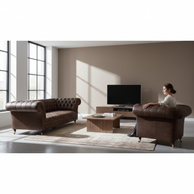 Braune Chesterfield Kunstleder Garnitur Wohnzimmer Dreisitzer 2-Sitzer