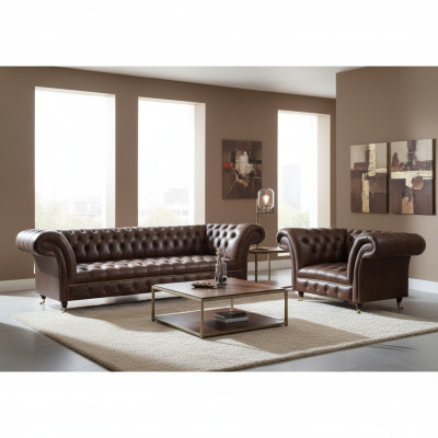 Braune Chesterfield Kunstleder Garnitur Wohnzimmer Dreisitzer 2-Sitzer