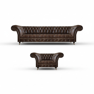 Braune Chesterfield Kunstleder Garnitur Wohnzimmer Dreisitzer 2-Sitzer