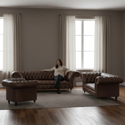 Braune Chesterfield Ledergarnitur Wohnzimmer 4-Sitzer Zweisitzer Sessel