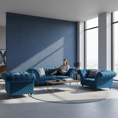 Chesterfield Blaue Polstergarnitur Wohnzimmer Sofagarnitur 3-Sitzer 3tlg