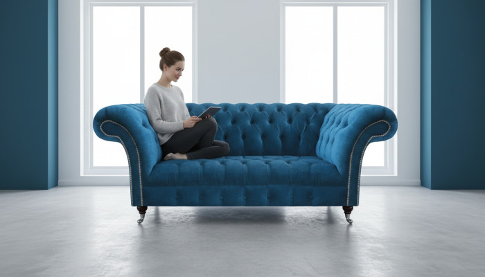 Blaue Chesterfield Luxus Couch Wohnzimmer Textilsitzer Edler Dreisitzer