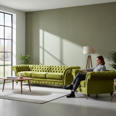 Olivengrünes Chesterfield Stoffsofa Luxuriöser Wohnzimmer Textil Sessel