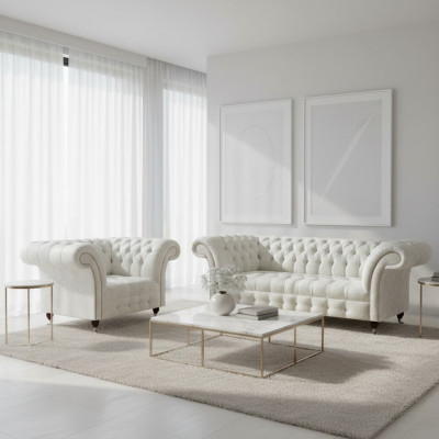 Moderne Chesterfield Weiße Stoffcouch Exklusiver Wohnzimmer Sessel 2tlg