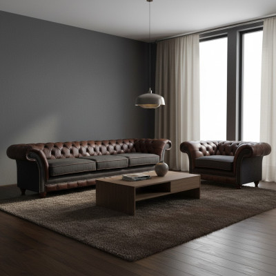 Chesterfield Braune Ledersofa Garnitur Dreisitzer Edler Polster Sessel