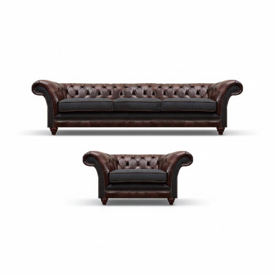 Chesterfield Braune Ledersofa Garnitur Dreisitzer Edler Polster Sessel