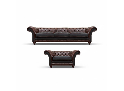 Chesterfield Braune Ledersofa Garnitur Dreisitzer Edler Polster Sessel