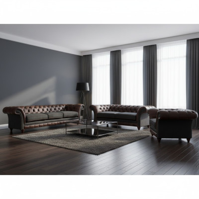 Chesterfield Braun-Graue Garnitur Ledersofas Designer Komplettes 3tlg Set