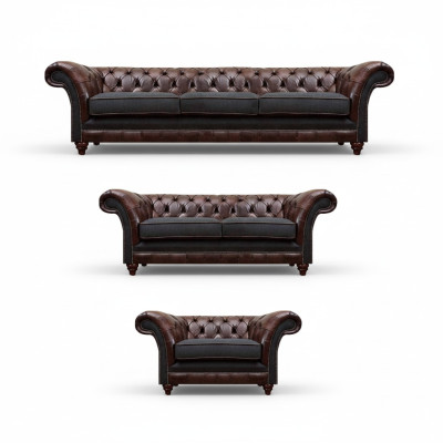 Chesterfield Braun-Graue Garnitur Ledersofas Designer Komplettes 3tlg Set