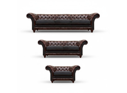Chesterfield Braun-Graue Garnitur Ledersofas Designer Komplettes 3tlg Set