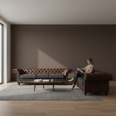 Chesterfield Braun-Graue Wohnzimmer Couchgarnitur Moderne Sofas 2tlg