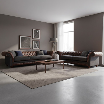 Chesterfield Braun-Graue Wohnzimmer Couchgarnitur Moderne Sofas 2tlg