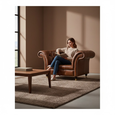 Chesterfield Brauner Ledersessel Wohnzimmer Kunstleder Einsitzer Möbel