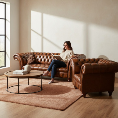 Luxuriöse Chesterfield Wohnzimmer Sitzgarnitur Ledersessel 3-Sitzer 2tlg