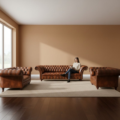 Chesterfield Braune Ledergarnitur Wohnyimmer Sitzsofas Ledercouchen 3tlg