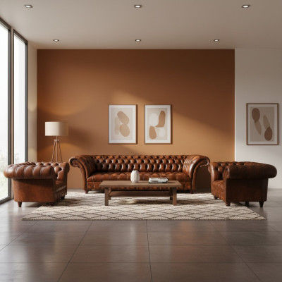 Chesterfield Braune Ledergarnitur Wohnyimmer Sitzsofas Ledercouchen 3tlg