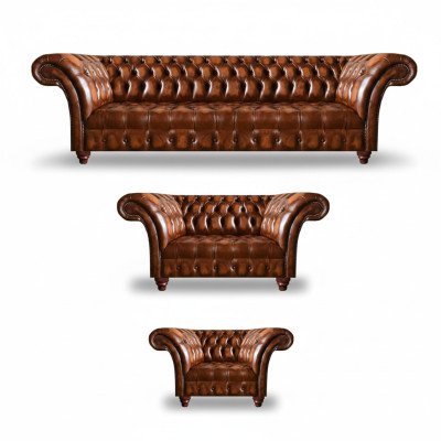 Chesterfield Braune Ledergarnitur Wohnyimmer Sitzsofas Ledercouchen 3tlg