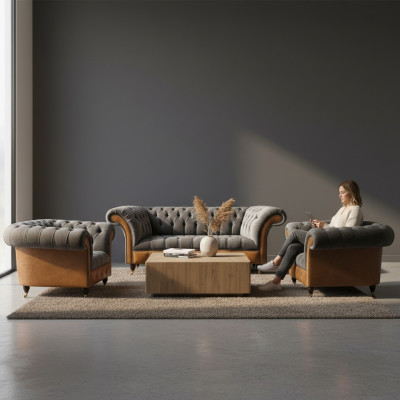 Hellgraue Chesterfield Lehnsessel Designer 3-Sitzer Couch Polster Möbel