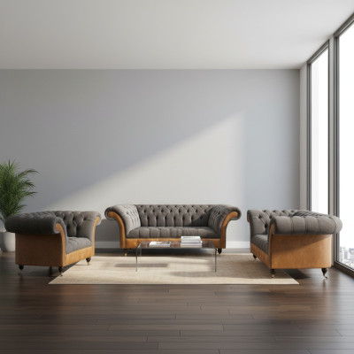 Grau-Braune Chesterfield Stoffsofas Designer Wohnzimmer Polster Möbel