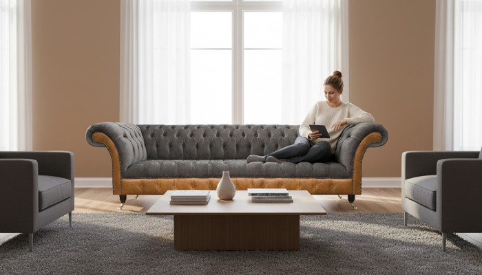 Luxuriöser Chesterfield 4-Sitzer Designer Viersitzer Textil Couch Sofas