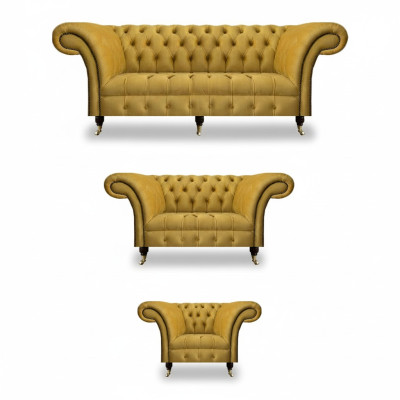 Edle Gelbe Chesterfield  Garnitur Polstermöbel Textil Couchen 3tlg Set