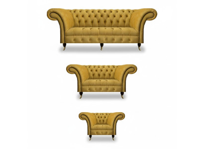 Edle Gelbe Chesterfield  Garnitur Polstermöbel Textil Couchen 3tlg Set