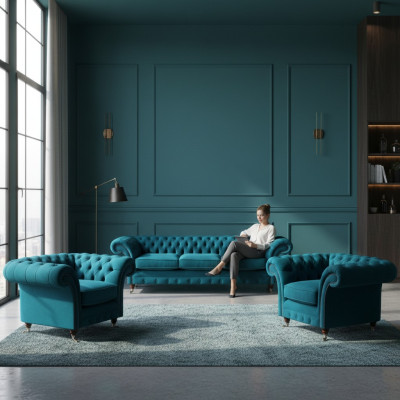 Chesterfield Blaue Couchen Polstersofas Wohnzimmer Textil Sitzmöbel 3tlg