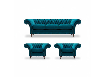 Chesterfield Blaue Couchen Polstersofas Wohnzimmer Textil Sitzmöbel 3tlg