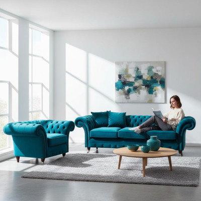 Hellblaue Chesterfield Polstergarnitur Designer 3-Sitzer Sofa Sessel