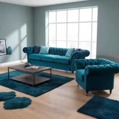 Hellblaue Chesterfield Polstergarnitur Designer 3-Sitzer Sofa Sessel