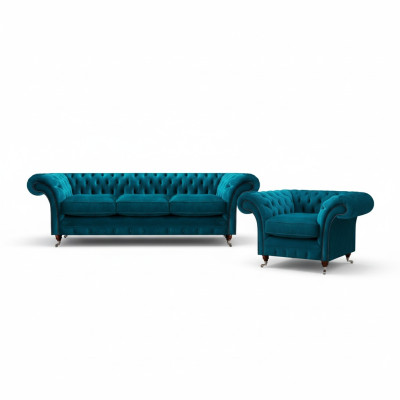 Hellblaue Chesterfield Polstergarnitur Designer 3-Sitzer Sofa Sessel