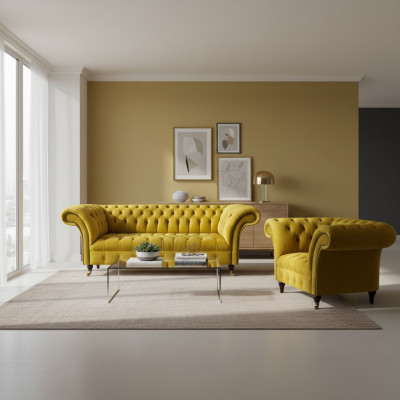 Moderne Gelbe Chesterfield Polstergarnitur Edler 3-Sitzer Textilsessel